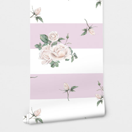 Αυτοκόλλητη Ταπετσαρία τοίχου PINK STRIPES AND WHITE ROSES - Floral - Λουλουδια Sticky 2