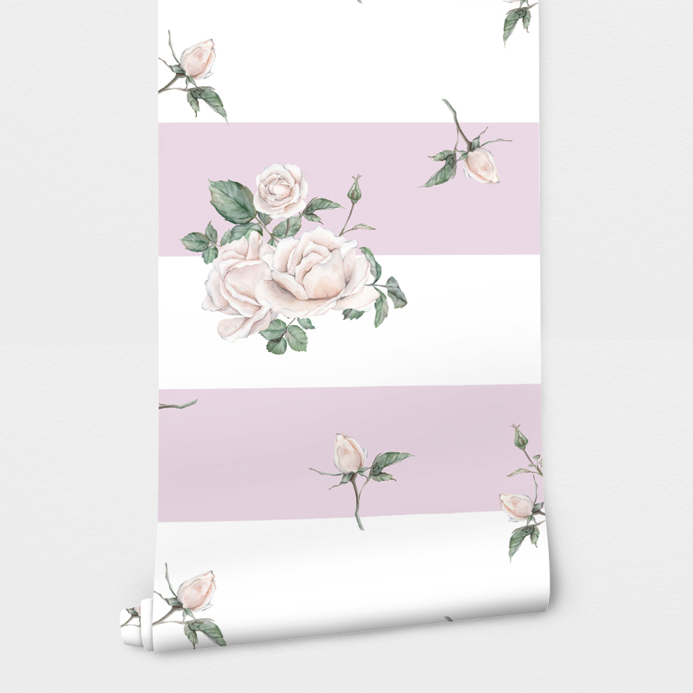 Αυτοκόλλητη Ταπετσαρία τοίχου PINK STRIPES AND WHITE ROSES