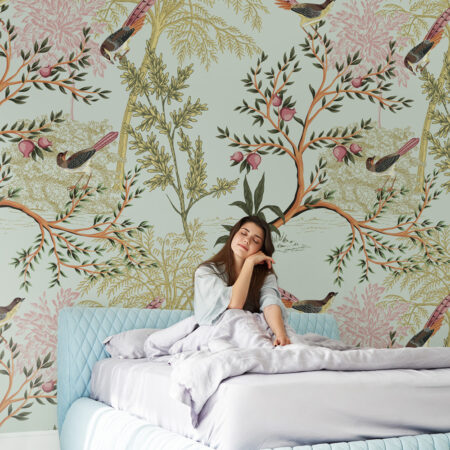Αυτοκόλλητη Ταπετσαρία τοίχου SUMMER FLORAL PATTERN WITH BIRDS - Tropical