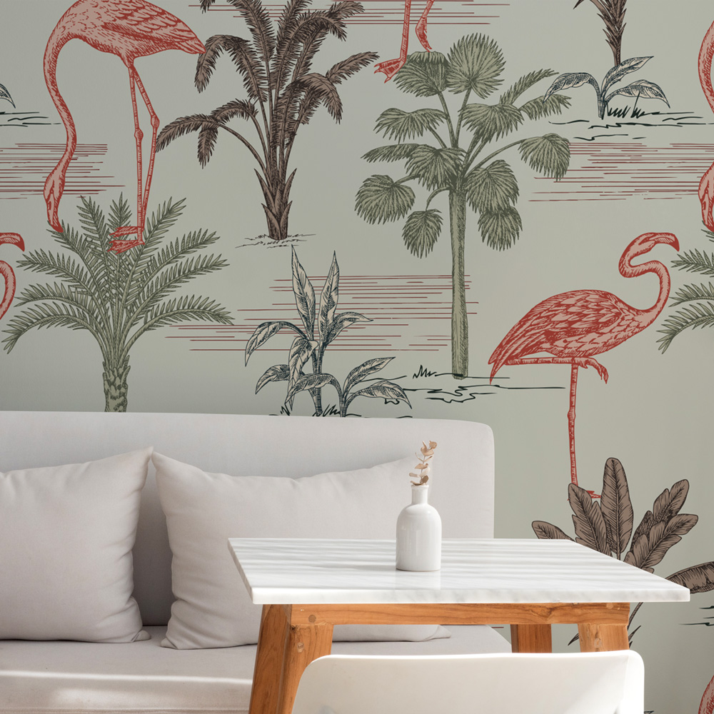 Αυτοκόλλητη Ταπετσαρία τοίχου TROPICAL PALM TREES AND FLAMINGOS