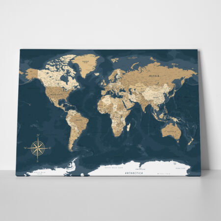 Πινακας σε καμβά BLUE AND BEIGE WORLD MAP - Χαρτες Sticky 1