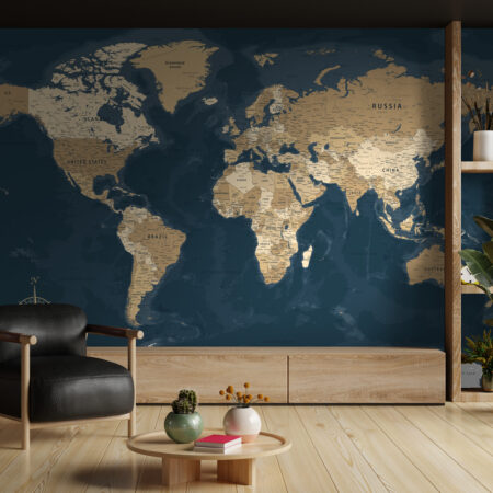 Αυτοκόλλητη Ταπετσαρία τοίχου BLUE AND BEIGE WORLD MAP - Χάρτες - Πόλεις