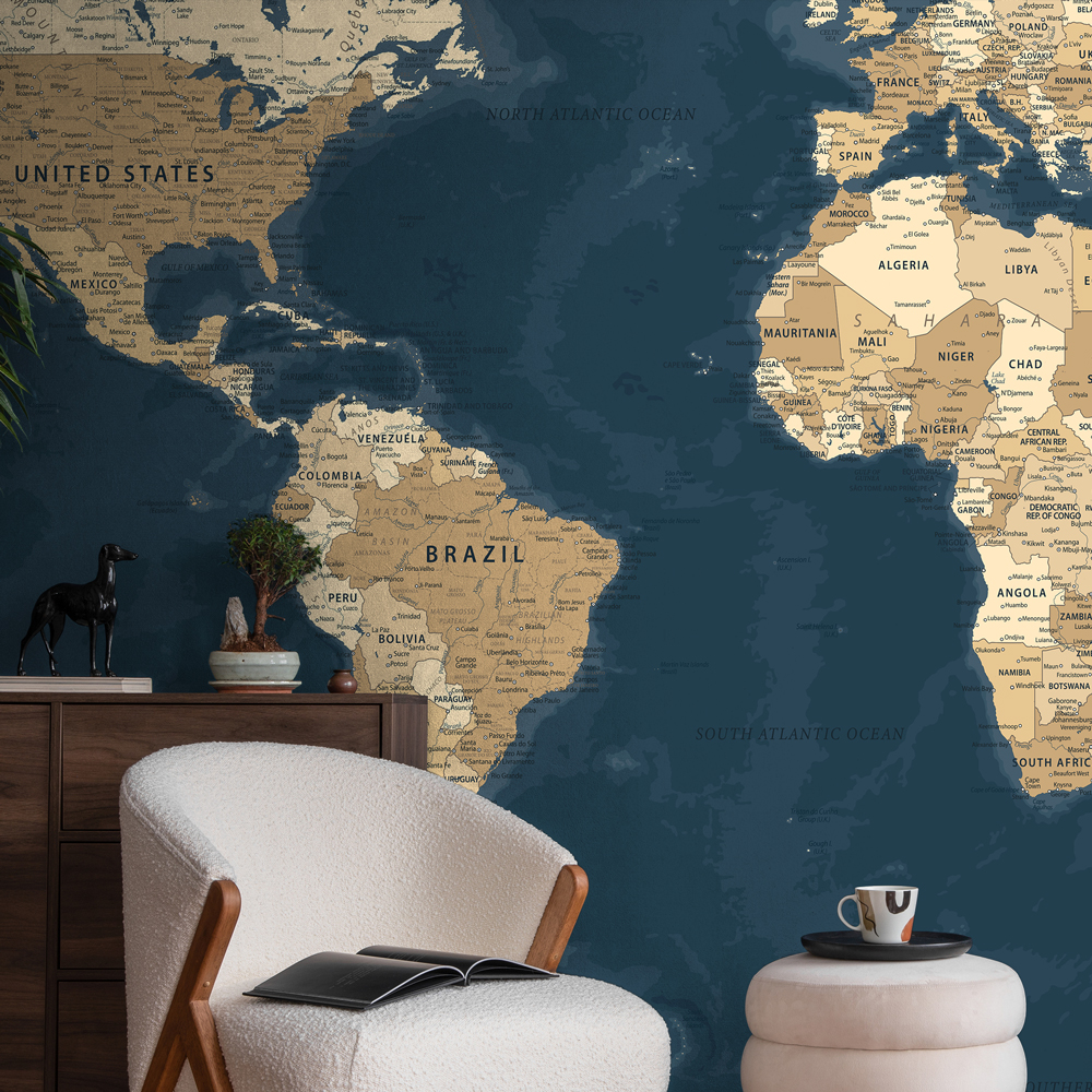 Αυτοκόλλητη Ταπετσαρία τοίχου BLUE AND BEIGE WORLD MAP