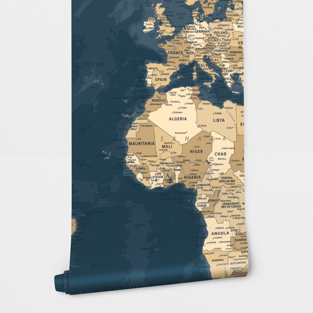 Αυτοκόλλητη Ταπετσαρία τοίχου BLUE AND BEIGE WORLD MAP
