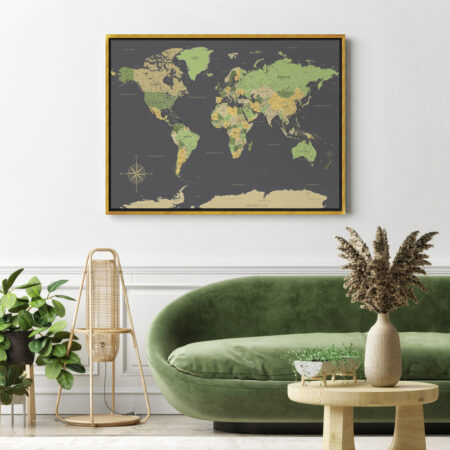 Πινακας σε καμβά GREEN YELLOW GOLD WORLD MAP - Χαρτες