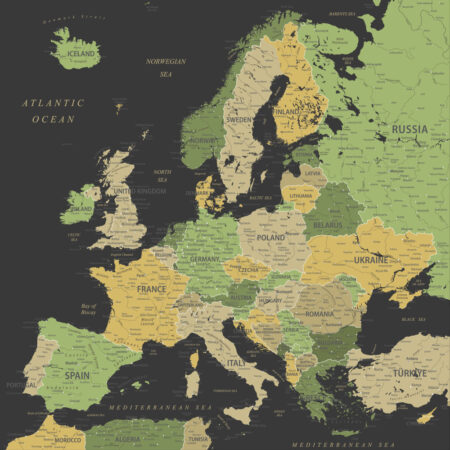 Πίνακας Τετράγωνος GREEN YELLOW GOLD EUROPE MAP - Χαρτες Sticky 5