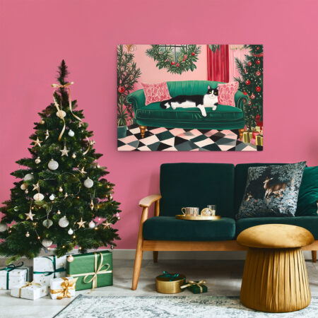 Πινακας σε καμβά PINK CHRISTMAS CAT SOFA - Χριστουγεννιάτικοι Πίνακες