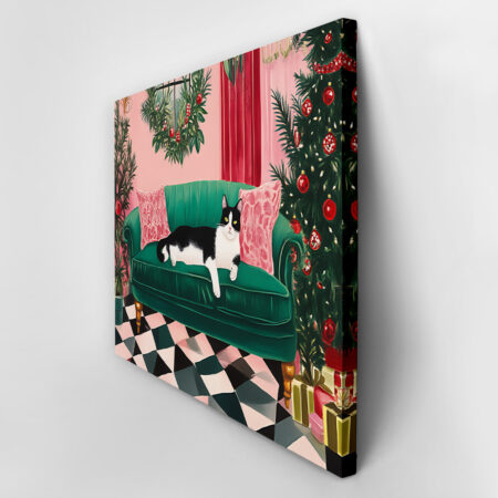 Πινακας σε καμβά PINK CHRISTMAS CAT SOFA - Χριστουγεννιάτικοι Πίνακες Sticky 3