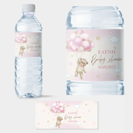 Αυτοκολλητη ετικέτα για μπουκαλι νερου WATERCOLOR TEDDY BEAR BALLOONS PINK - Αυτοκολλητες ετικετες για μπουκαλακια νερου Sticky 1