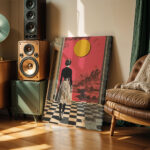 Πινακας σε καμβά WOMAN WITH ORANGE SUN RETRO DREAMSCAPE