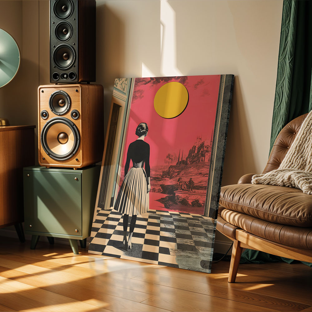 Πινακας σε καμβά WOMAN WITH ORANGE SUN RETRO DREAMSCAPE