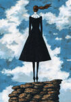 Πινακας σε καμβά BLACK DRESSED WOMAN ON TOP OF ROCKS RETRO DREAMSCAPE