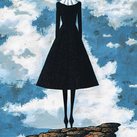 Πινακας σε καμβά BLACK DRESSED WOMAN ON TOP OF ROCKS RETRO DREAMSCAPE - Εργα Τεχνης Sticky 6