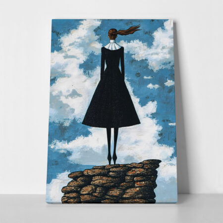 Πινακας σε καμβά BLACK DRESSED WOMAN ON TOP OF ROCKS RETRO DREAMSCAPE - Εργα Τεχνης Sticky 1