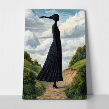 Πινακας σε καμβά BLACK FIGURED WOMAN ON PATH RETRO DREAMSCAPE - Πορτραιτα και Φιγουρες Sticky 1