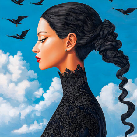 Πινακας σε καμβά BLACK HAIRED WOMAN WITH BIRDS RETRO DREAMSCAPE - Πινακες σε καμβα Sticky 6