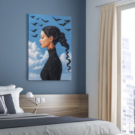 Πινακας σε καμβά BLACK HAIRED WOMAN WITH BIRDS RETRO DREAMSCAPE - Πινακες σε καμβα
