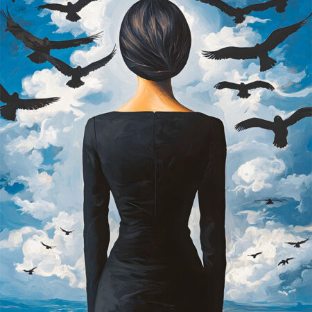 Πινακας σε καμβά WOMAN LOOKING AT BIRDS RETRO DREAMSCAPE - Πορτραιτα και Φιγουρες Sticky 6