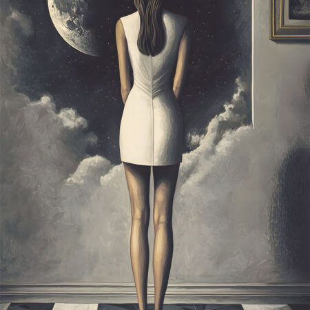 Πινακας σε καμβά WOMAN STARING AT THE MOON RETRO DREAMSCAPE - Εργα Τεχνης Sticky 6