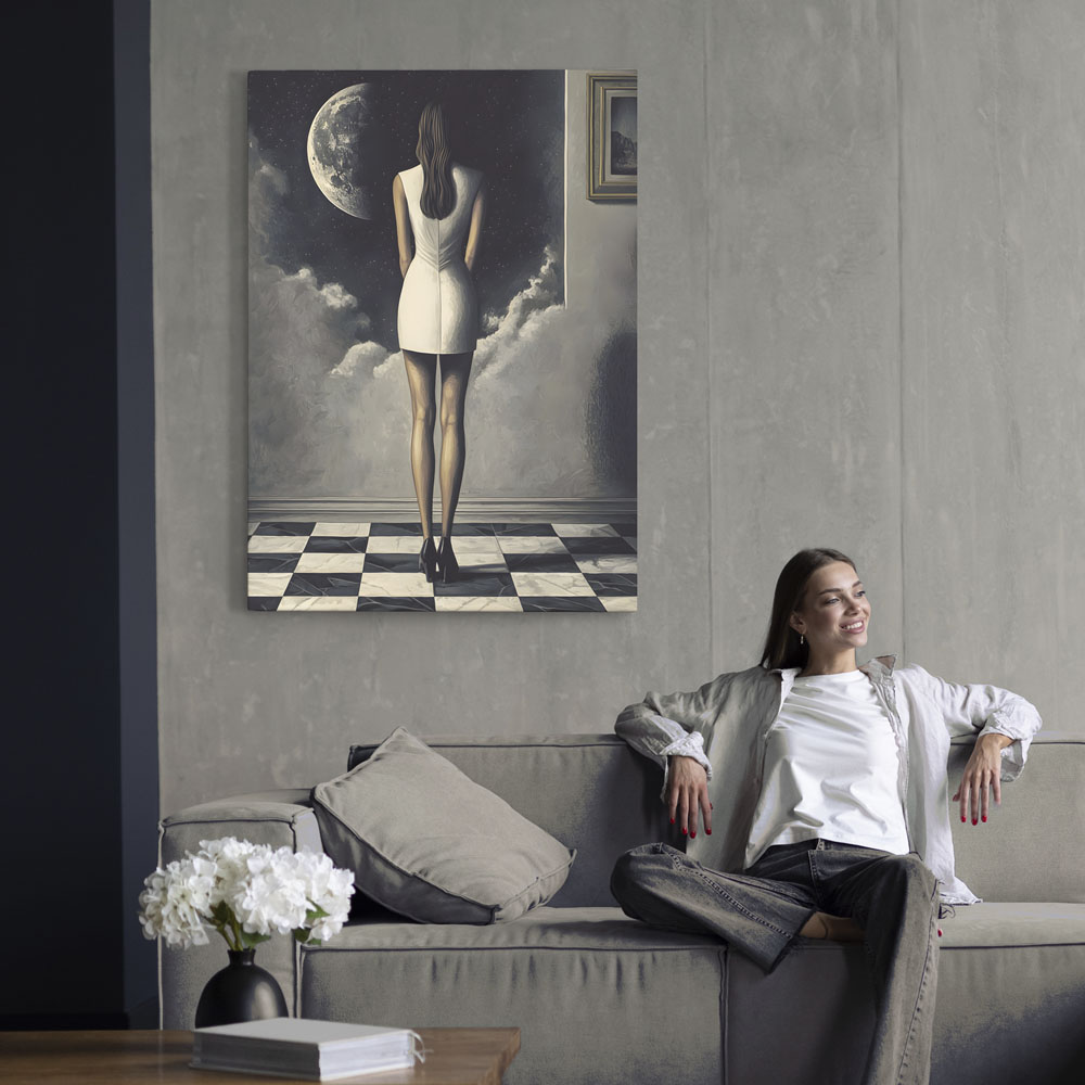 Πινακας σε καμβά WOMAN STARING AT THE MOON RETRO DREAMSCAPE
