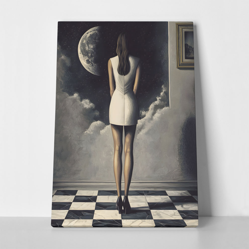 Πινακας σε καμβά WOMAN STARING AT THE MOON RETRO DREAMSCAPE