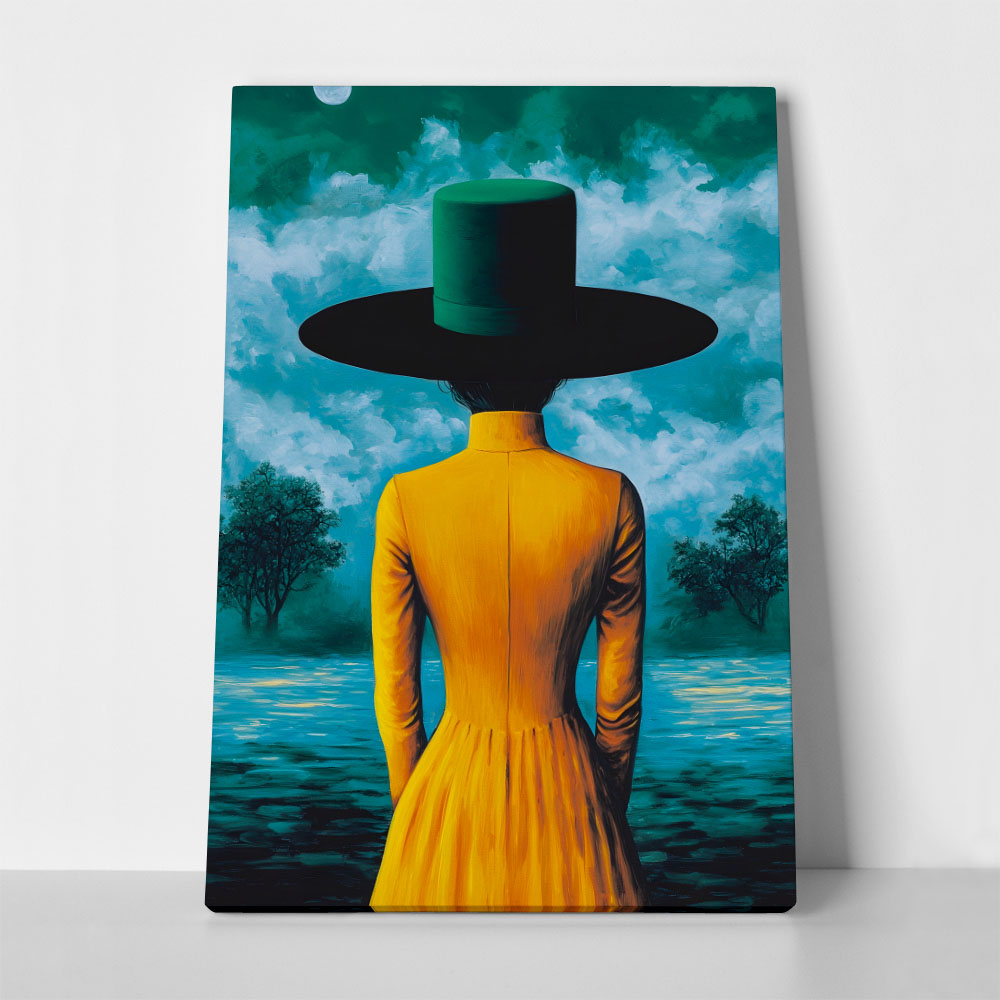Πινακας σε καμβά WOMAN WITH ORANGE DRESS AND GREEN HAT RETRO DREAMSCAPE