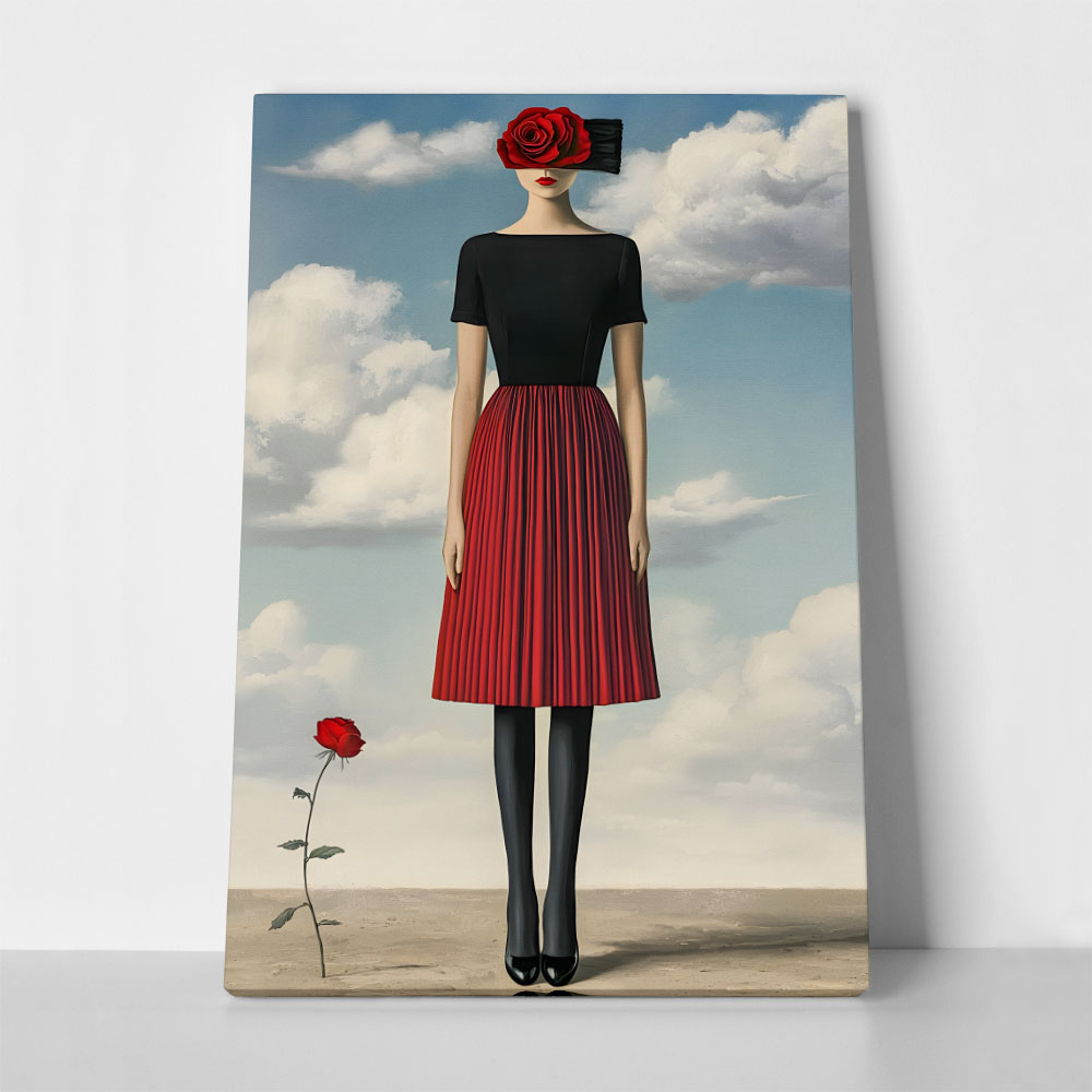 Πινακας σε καμβά WOMAN WITH RED DRESS AND ROSE RETRO DREAMSCAPE
