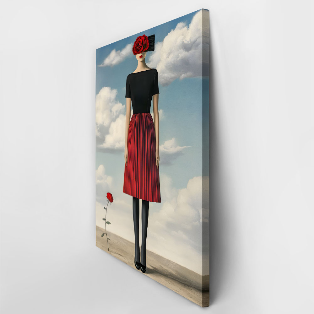 Πινακας σε καμβά WOMAN WITH RED DRESS AND ROSE RETRO DREAMSCAPE