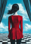 Πινακας σε καμβά WOMAN WITH RED DRESS ON CHESSBOARD RETRO DREAMSCAPE