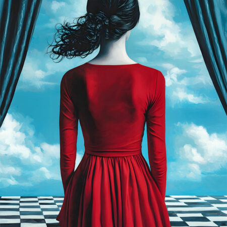Πινακας σε καμβά WOMAN WITH RED DRESS ON CHESSBOARD RETRO DREAMSCAPE - Πορτραιτα και Φιγουρες Sticky 6