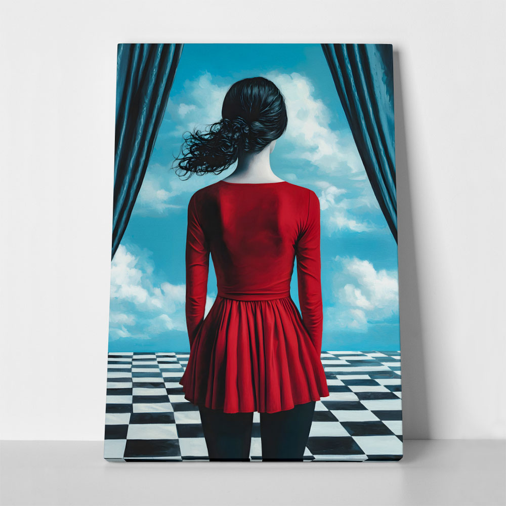 Πινακας σε καμβά WOMAN WITH RED DRESS ON CHESSBOARD RETRO DREAMSCAPE