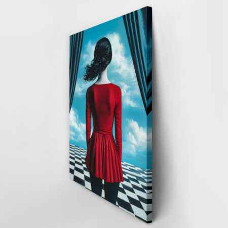 Πινακας σε καμβά WOMAN WITH RED DRESS ON CHESSBOARD RETRO DREAMSCAPE - Πορτραιτα και Φιγουρες Sticky 3