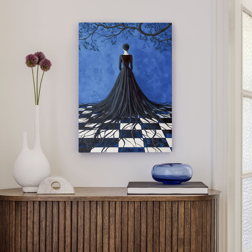 Πινακας σε καμβά WOMAN WITH ROOTED BLACK DRESS RETRO DREAMSCAPE