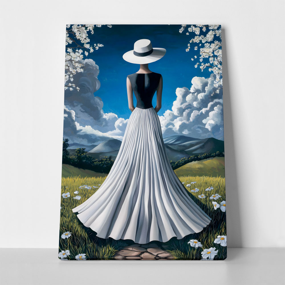 Πινακας σε καμβά WOMAN WITH WHITE DRESS IN FIELD RETRO DREAMSCAPE