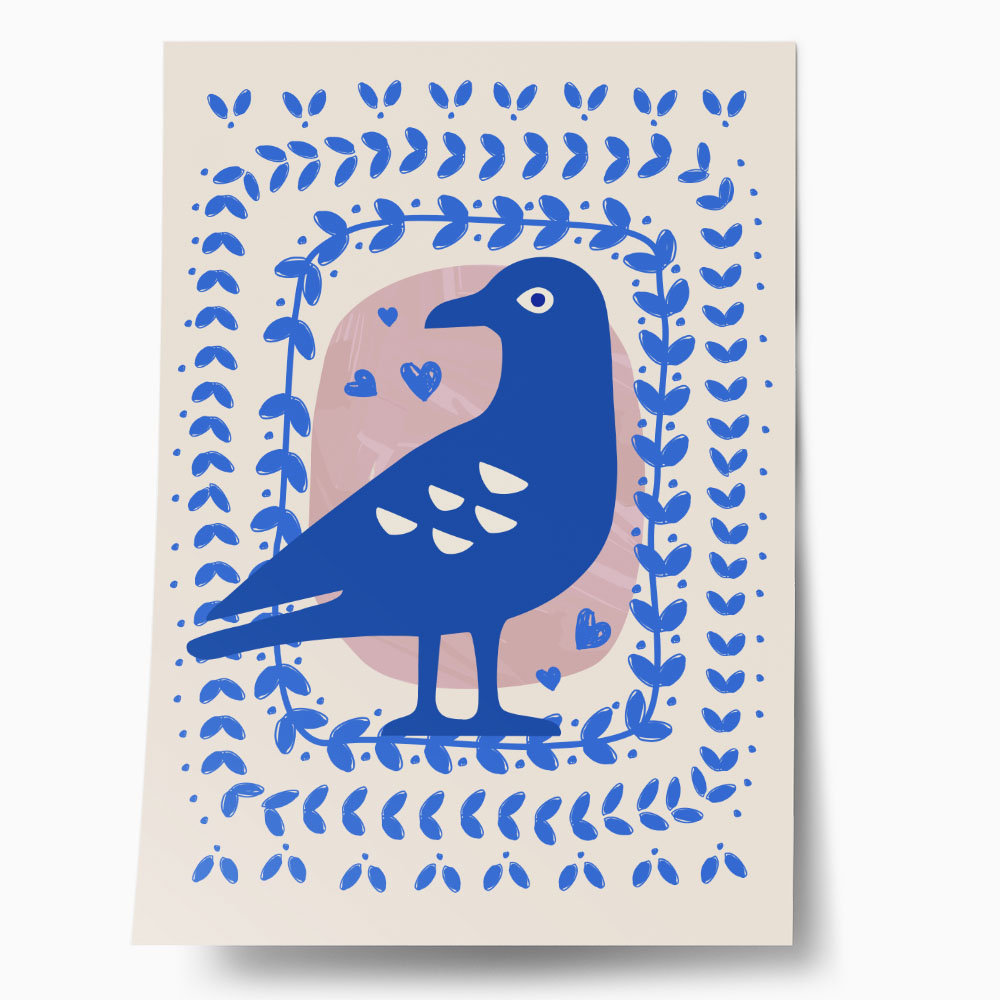 Πόστερ BLUE BIRD WITH LEAVES ILLUSTRATION