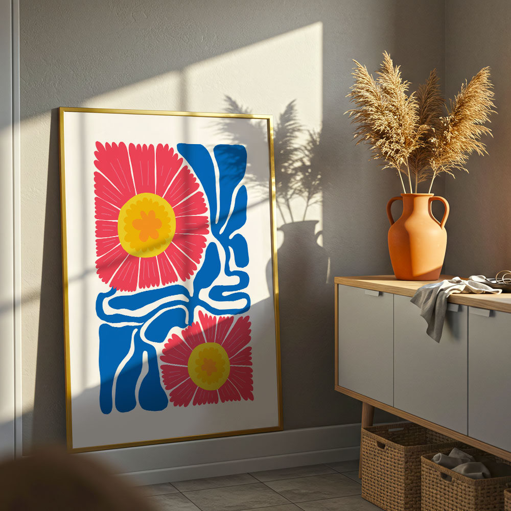 Πόστερ RED AND BLUE ABSTRACT FLORAL