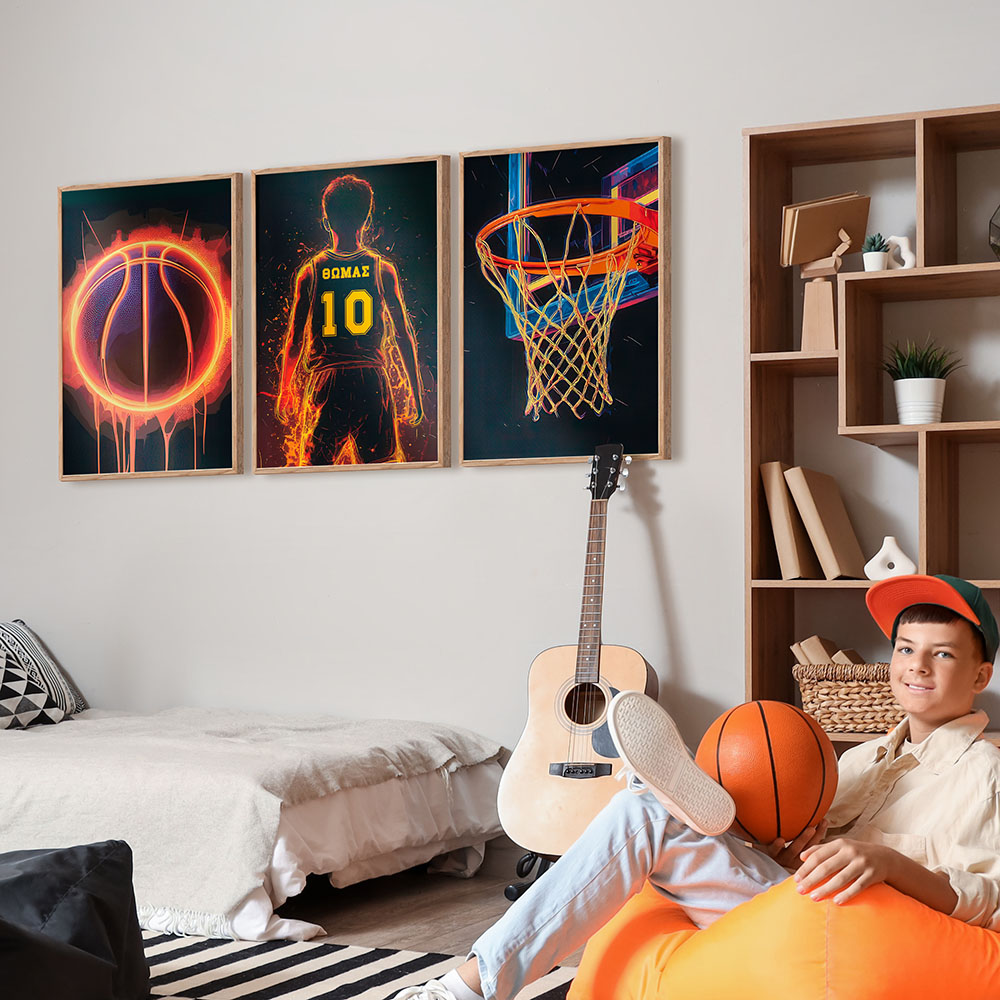 Σετ τριπτυχο προσωποποιημενο ποστερ BASKETBALL FIRE NAME