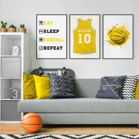 Σετ τριπτυχο προσωποποιημενο ποστερ BASKETBALL SHIRT NAME YELLOW - Παιδικά