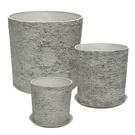 STONE POLYRESIN ΚΑΣΠΩ ΜΕ ΠΙΑΤΟ ΣΕΤ/5 ΓΚΡΙ ΦΘΑΡΜΕΝΟΣ ΒΡΑΧΟΣ - L:Φ43x43, M:Φ35x36, S:Φ28x28cm - Κασπω