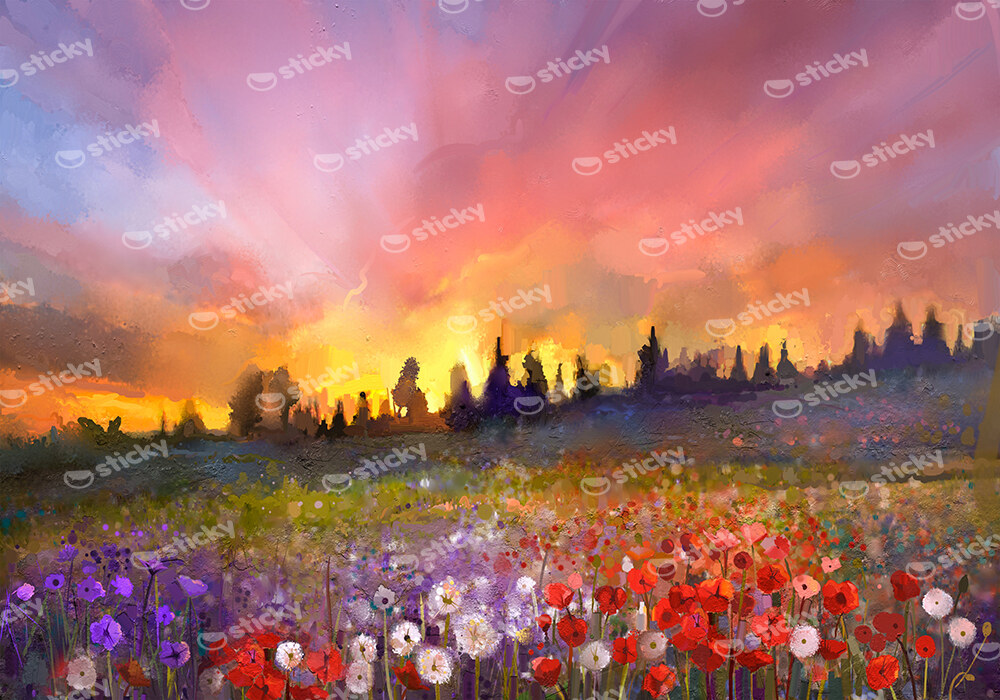 Πινακας σε καμβά OIL PAINTING POPPY DANDELION DAISY FLOWERS