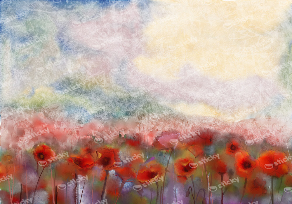 Πινακας σε καμβά WATERCOLOR RED POPPY FLOWERS FILED PAINTING FLOWER