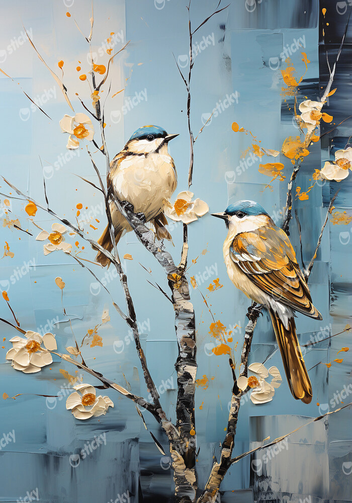 Πινακας σε καμβά TWO BIRDS ON A TREE WITH WHITE FLOWERS
