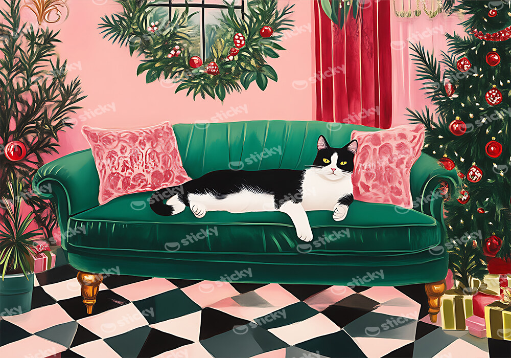 Πινακας σε καμβά PINK CHRISTMAS CAT SOFA