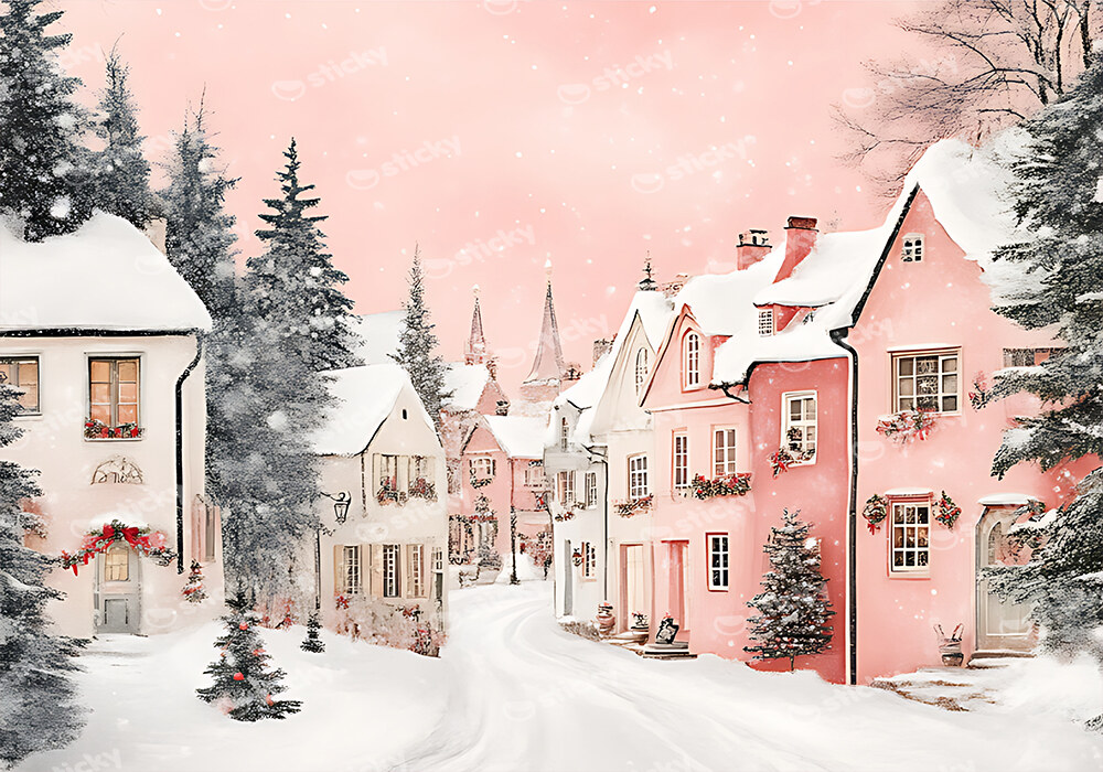 Πινακας σε καμβά PINK CHRISTMAS SNOWY ROOFS