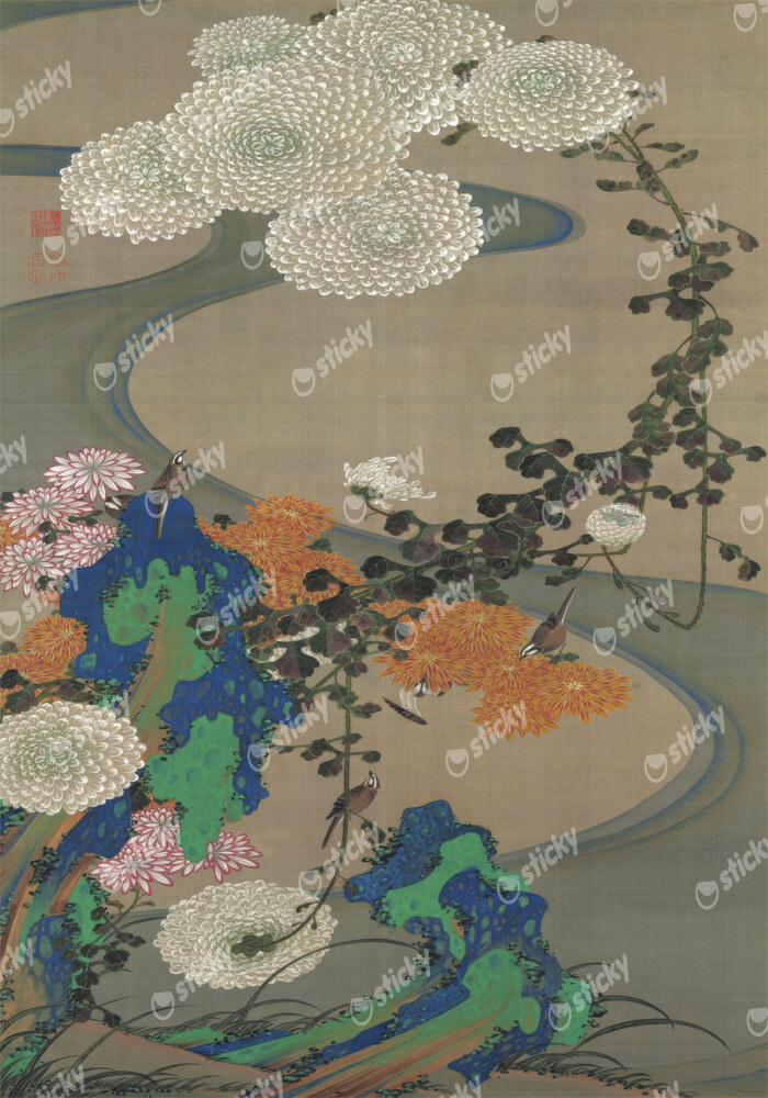 Πινακας σε καμβά JAKUCHU ITO - CHRYSANTHEMUMS BY A STREAM WITH ROCKS