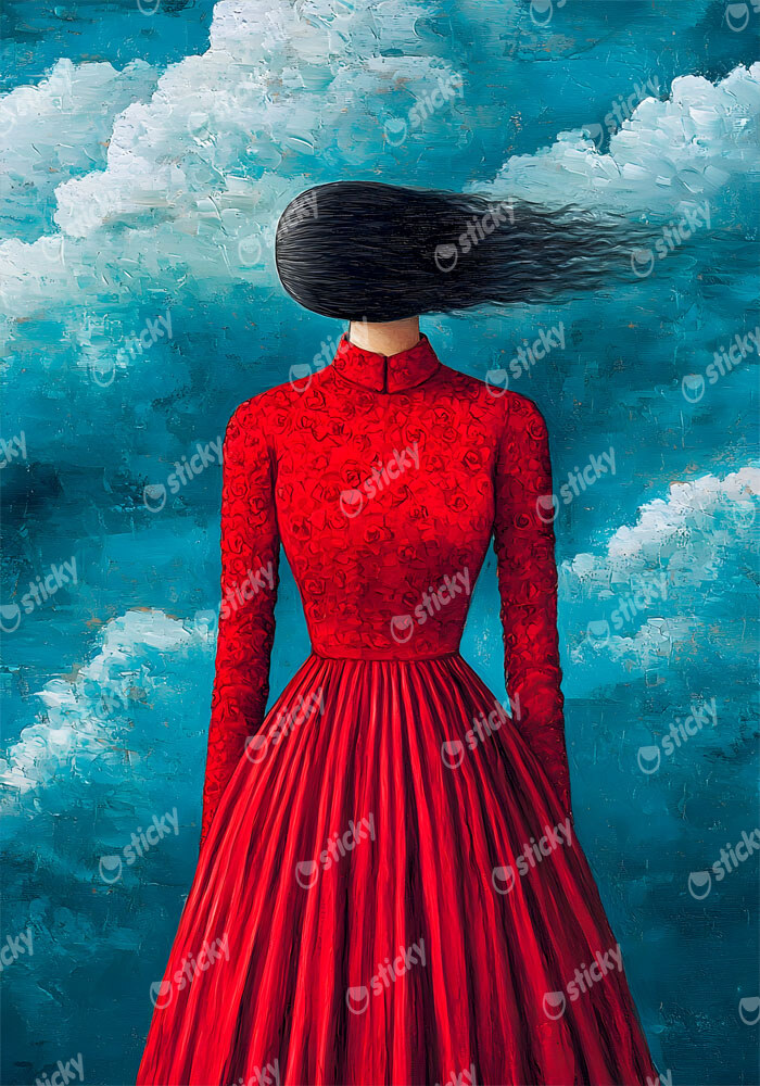 Πινακας σε καμβά BLACK HAIRED IN RED DRESS RETRO DREAMSCAPE