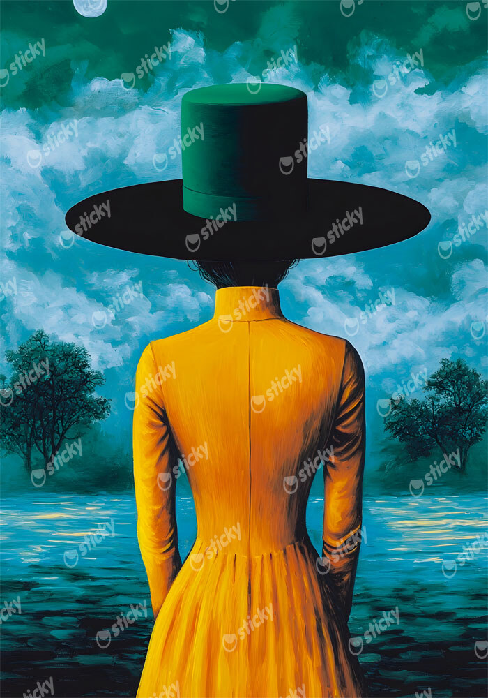 Πινακας σε καμβά WOMAN WITH ORANGE DRESS AND GREEN HAT RETRO DREAMSCAPE