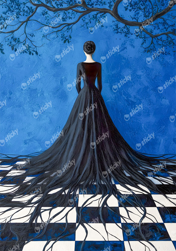 Πινακας σε καμβά WOMAN WITH ROOTED BLACK DRESS RETRO DREAMSCAPE