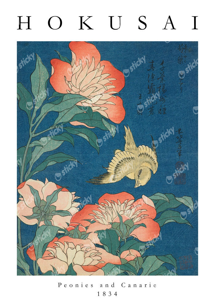 Πόστερ HOKUSAI - PEONIES AND CANARY