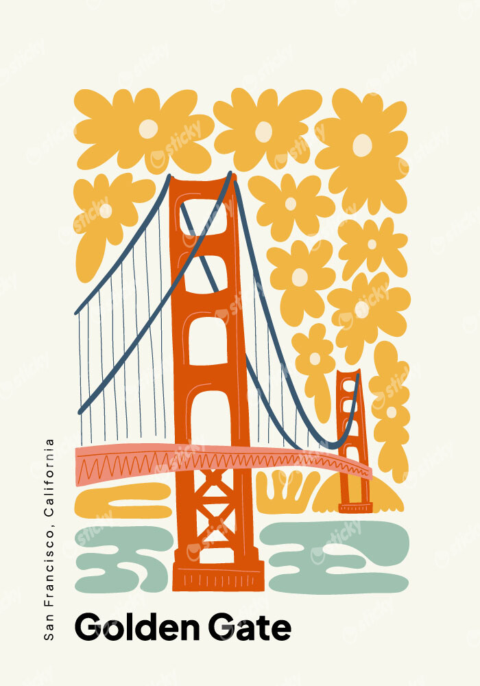 Πόστερ FLORAL TRAVEL GOLDEN GATE